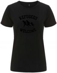 Zum/zur  tailliertes Fairtrade T-Shirt "Refugees welcome (schwarz)" für 18,10 € gehen.