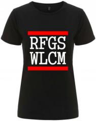 Zum tailliertes Fairtrade T-Shirt "RFGS WLCM" für 18,10 € gehen.