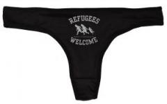 Zum Frauen Stringtanga "Refugees welcome (schwarz/grauer Druck)" für 15,00 € gehen.