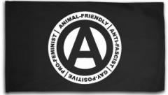 Zur Fahne / Flagge (ca. 150x100cm) "Animal-Friendly - Anti-Fascist - Gay Positive - Pro Feminist" für 25,00 € gehen.