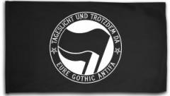Zur Fahne / Flagge (ca. 150x100cm) "Tageslicht und trotzdem da - Eure Gothic Antifa" für 25,00 € gehen.