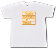 Zum T-Shirt "Kein Mensch ist illegal (orange/weiß)" für 13,12 € gehen.