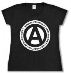 Zum tailliertes T-Shirt "Animal-Friendly - Anti-Fascist - Gay Positive - Pro Feminist" für 14,00 € gehen.
