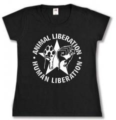 Zum tailliertes T-Shirt "Animal Liberation - Human Liberation (mit Stern)" für 14,00 € gehen.