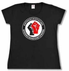 Zum tailliertes T-Shirt "Antifaschistisches Widerstandsnetzwerk - Fäuste (schwarz/rot)" für 14,62 € gehen.