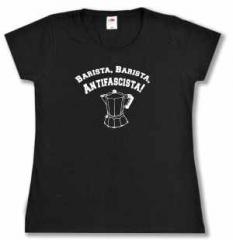 Zum tailliertes T-Shirt "Barista Barista Antifascista" für 14,00 € gehen.