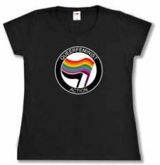 Zum tailliertes T-Shirt "Queerfeminist Action" für 18,00 € gehen.