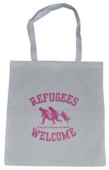 Zur Baumwoll-Tragetasche "Refugees welcome (weiß, pinker Druck)" für 8,00 € gehen.