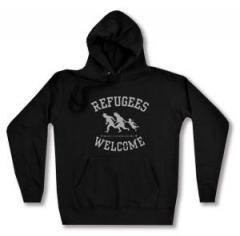 Zum taillierter Kapuzen-Pullover "Refugees welcome (schwarz/grauer Druck)" für 28,00 € gehen.