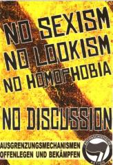 Zum Aufkleber-Paket "No Sexism - No Lookism - No Homophobia: No Discussion" für 1,81 € gehen.